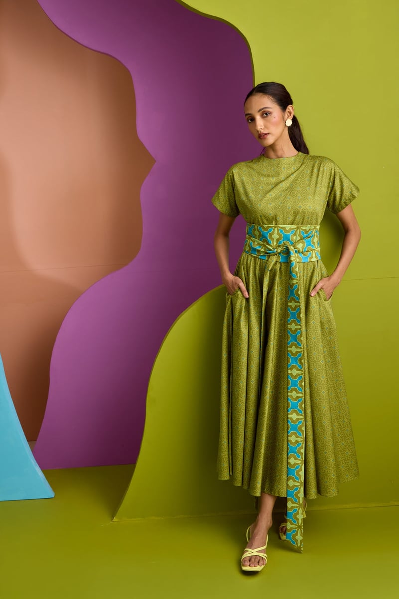 Olive Green Printed Midi Dress with Obi Belt