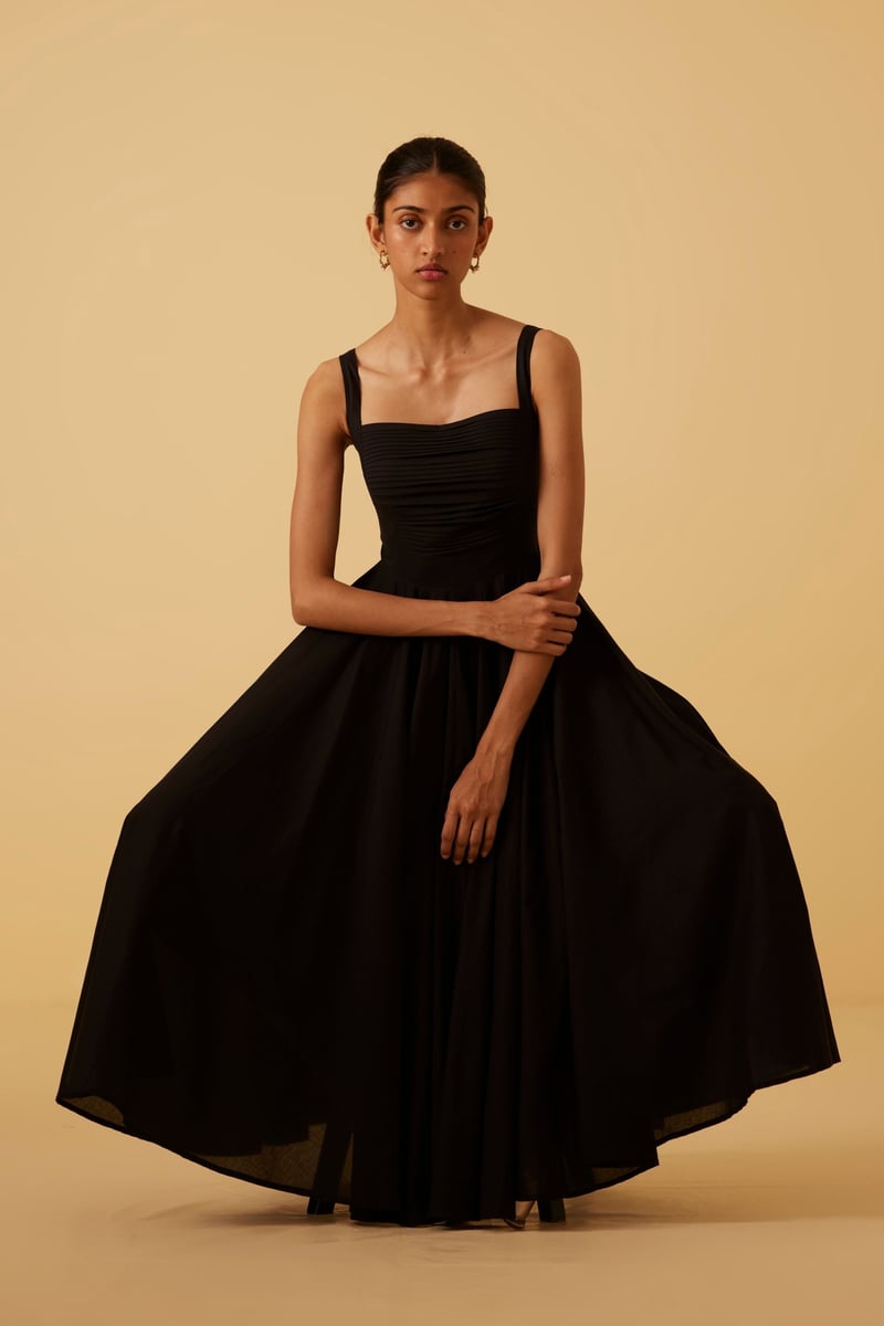 Black Organic Cotton Fit and Flare Midi Dress with Pockets