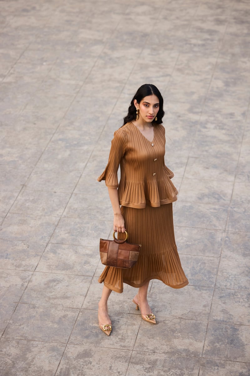 Mocha Pleated Top and Midi Skirt Co-ord Set — Scarlet Sage