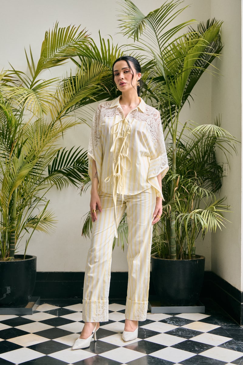 Yellow Striped Cotton Co-ord Set with Lace Panels