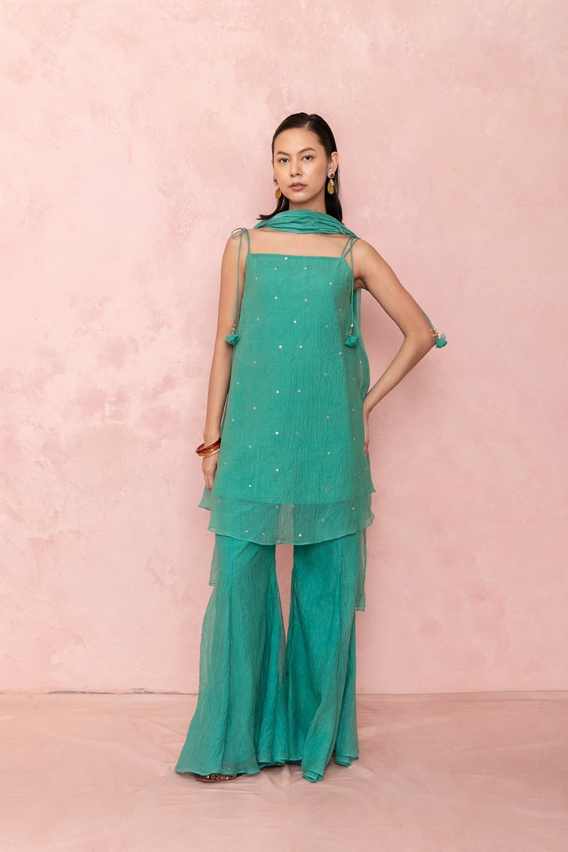 Green Square-Neck Kurta Sharara Suit Set with Dupatta