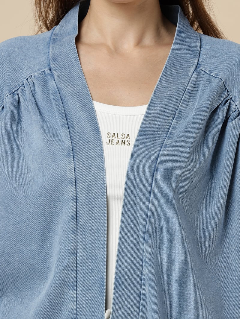 Light Blue Denim-Look Embroidered Longline Jacket