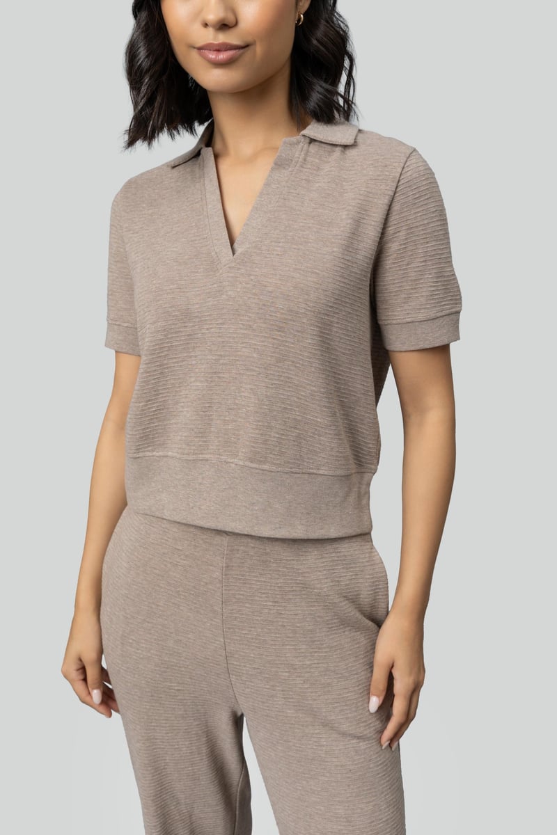 Beige Ottoman Rib Cropped Polo Top