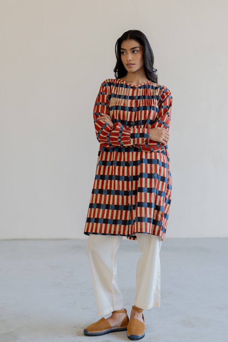 Multicolor Block Print Striped Pintuck Tunic Kurta