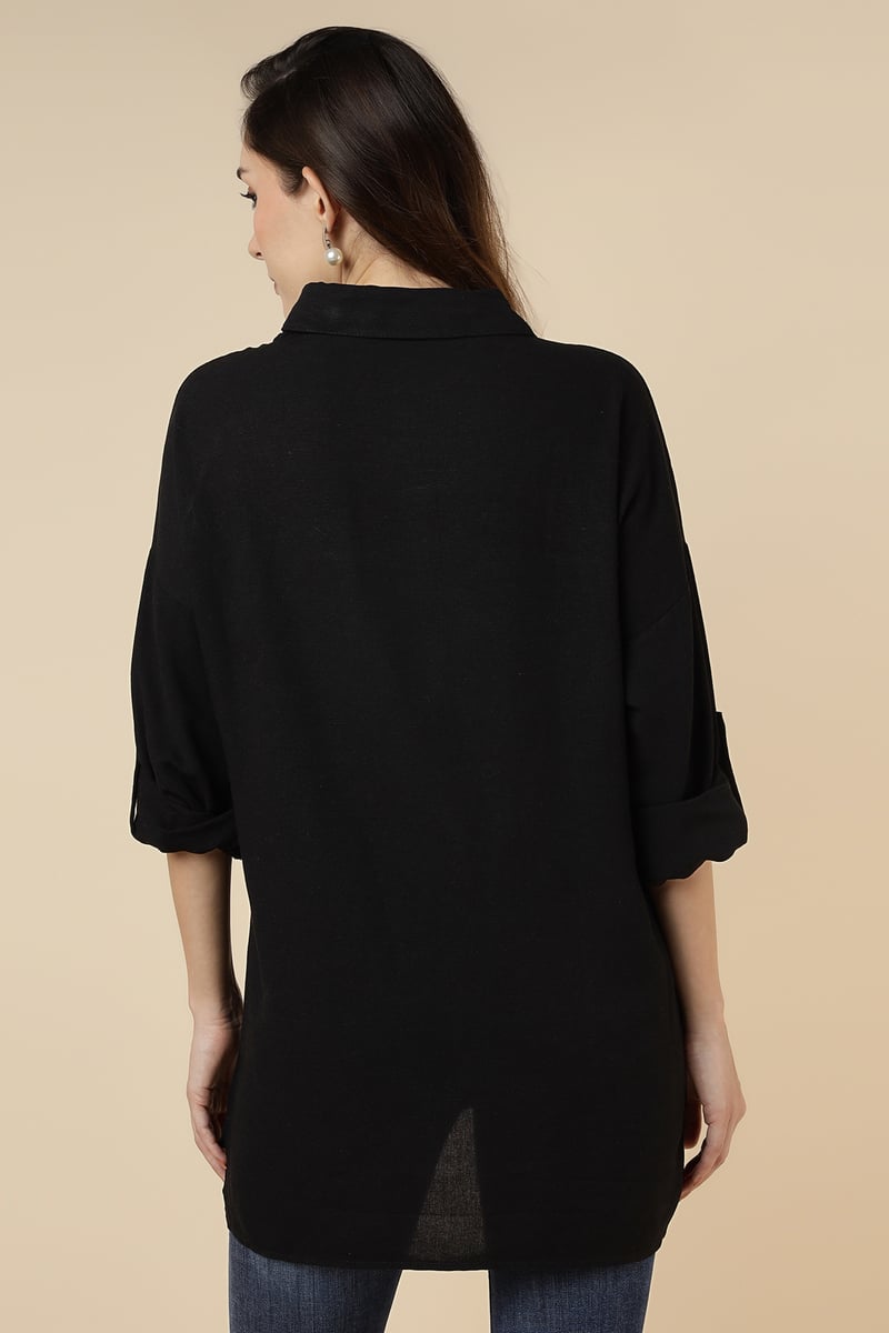 Black Floral Embroidered Longline Button-Down Shirt