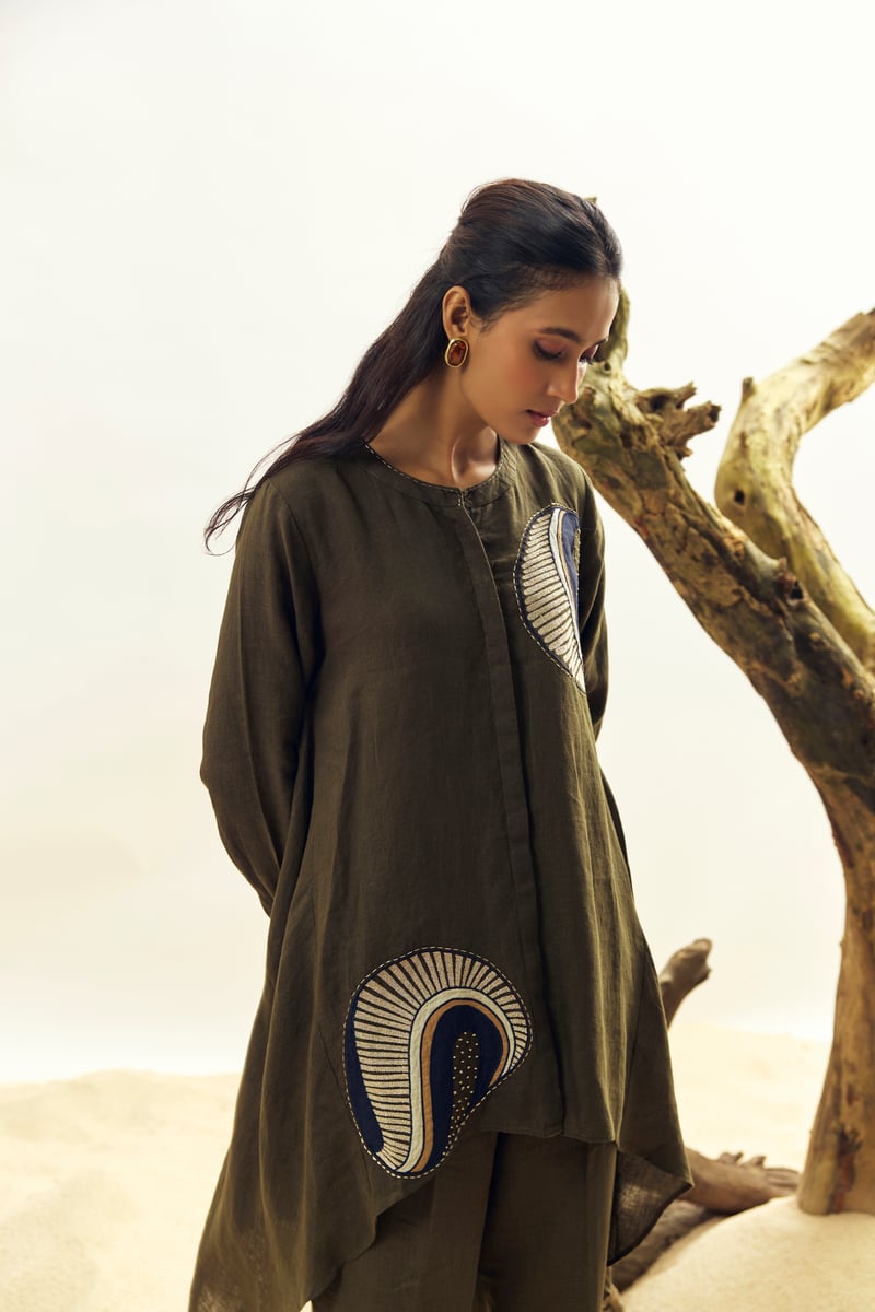 Olive Linen Tunic and Straight Pants Co-ord Set