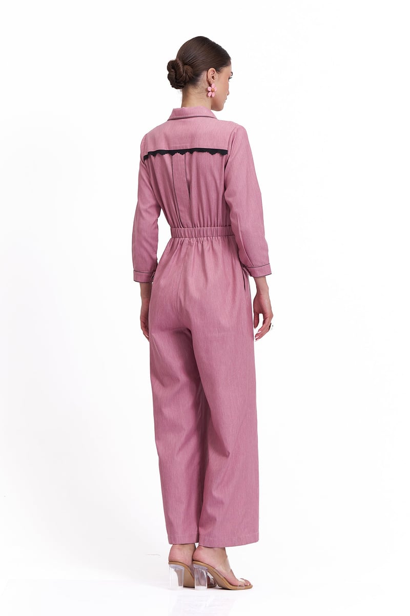 Rosewood Cotton Denim Zip-Front Relaxed-Fit Jumpsuit