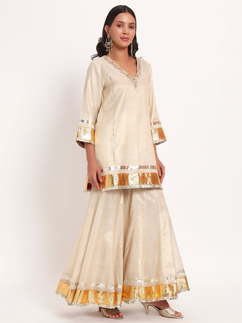 Golden Cotton Tissue Kurta Garara Set with Gotta Border