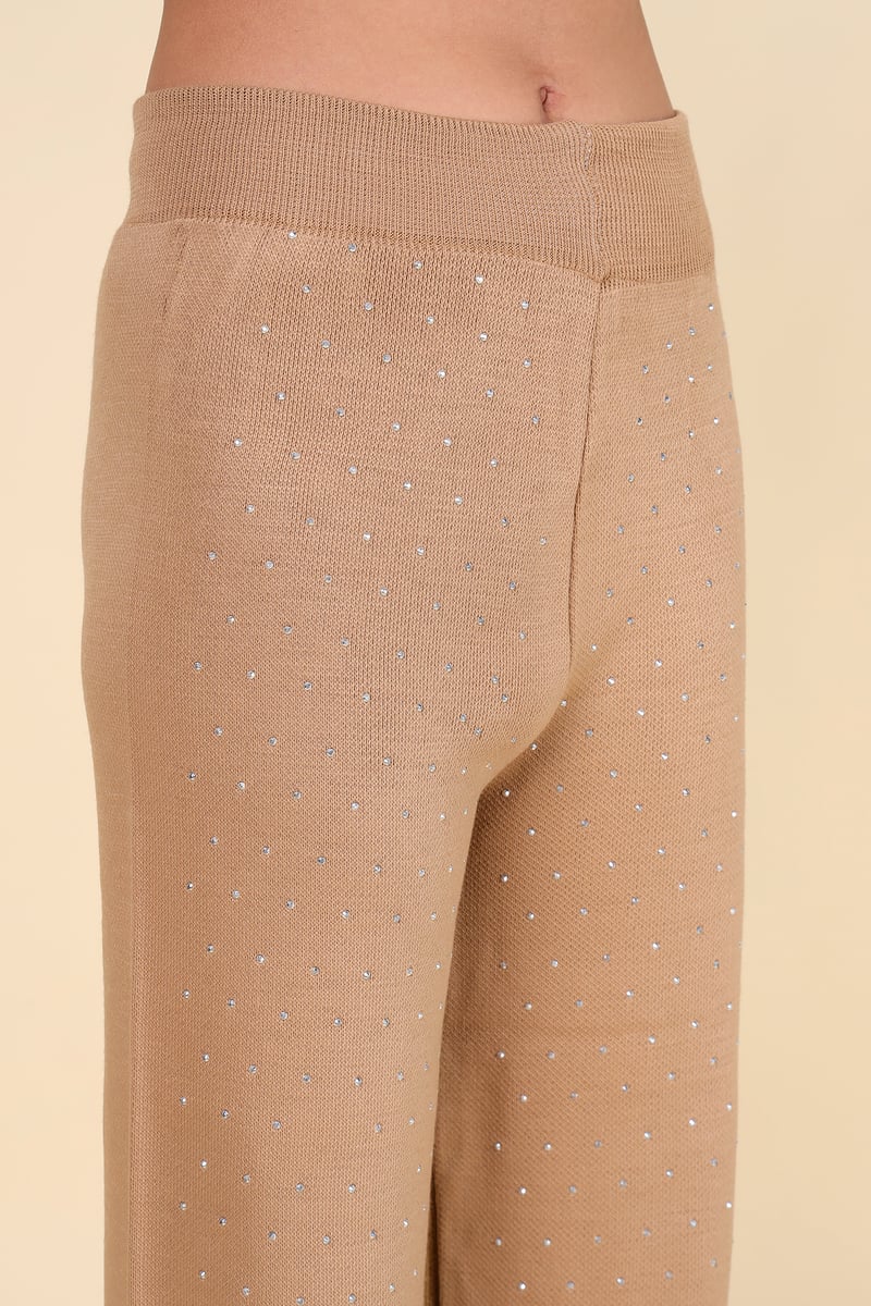 Brown Studded Knit Top and Wide-Leg Pants Co-ord Set