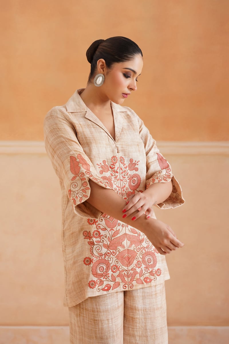 Beige Linen Embroidered Kurta and Pant Co-ord Set