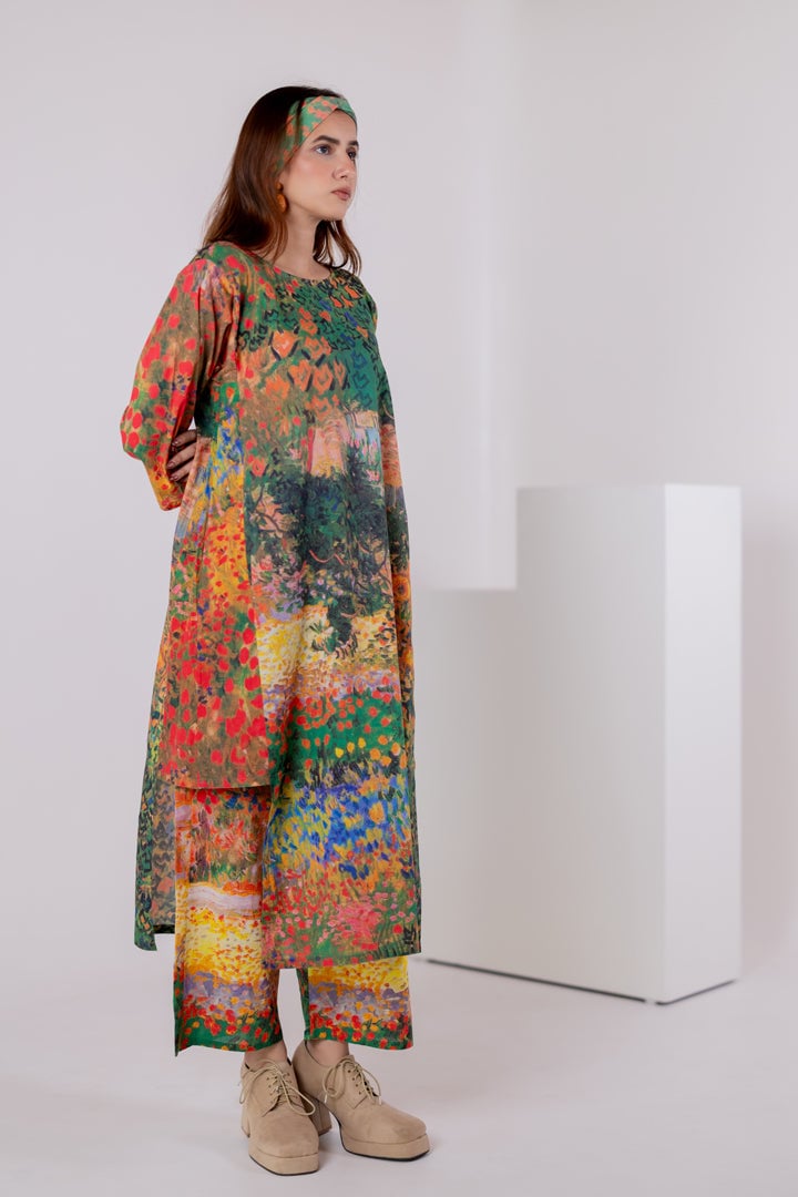 Multicolor Scenic Print Cambric Cotton Kurta Set