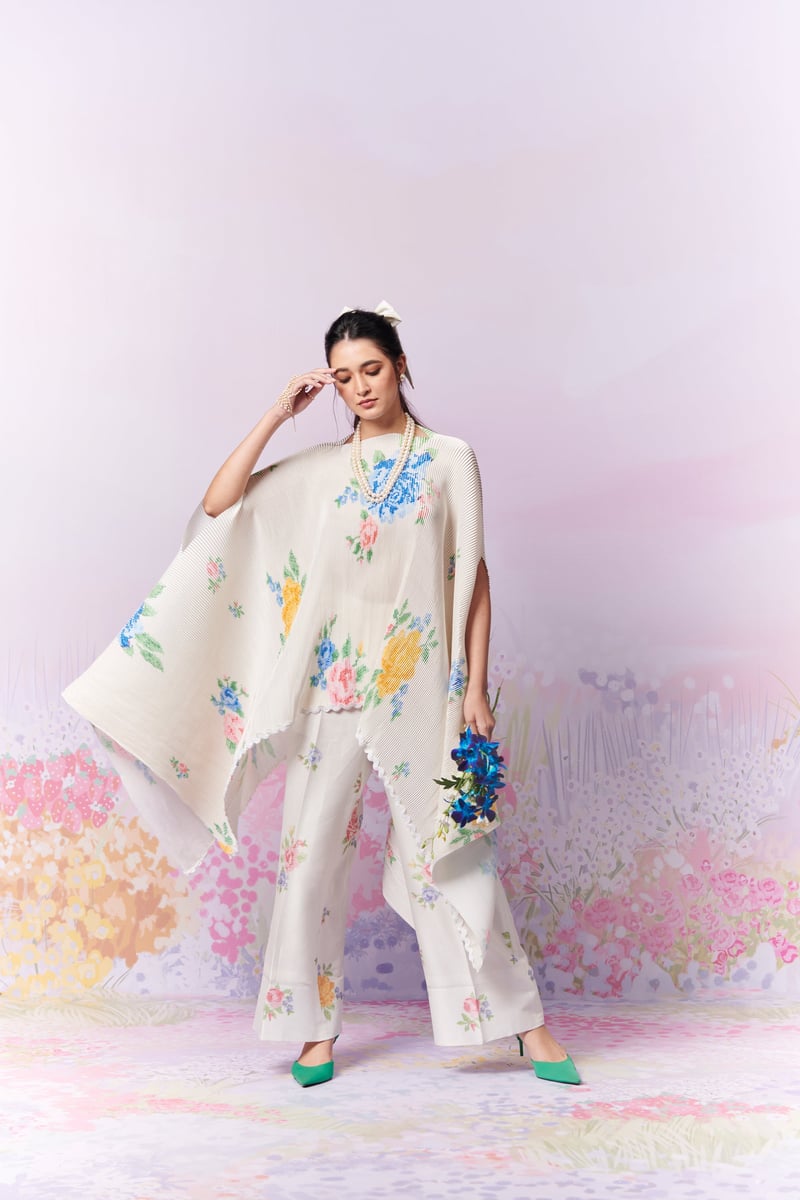 Ivory Pleated Satin Cape with Floral Motifs