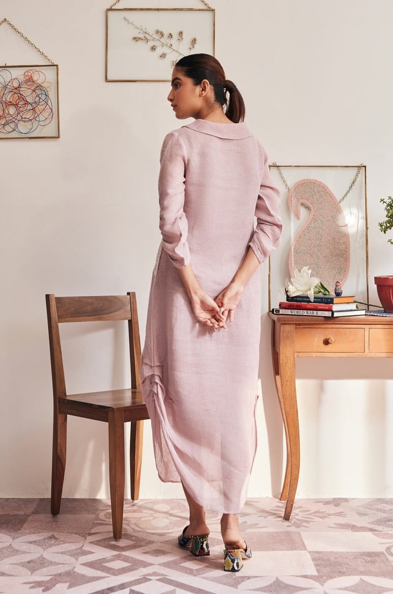 Lavender Linen V-Neck Straight Midi Dress with Pockets