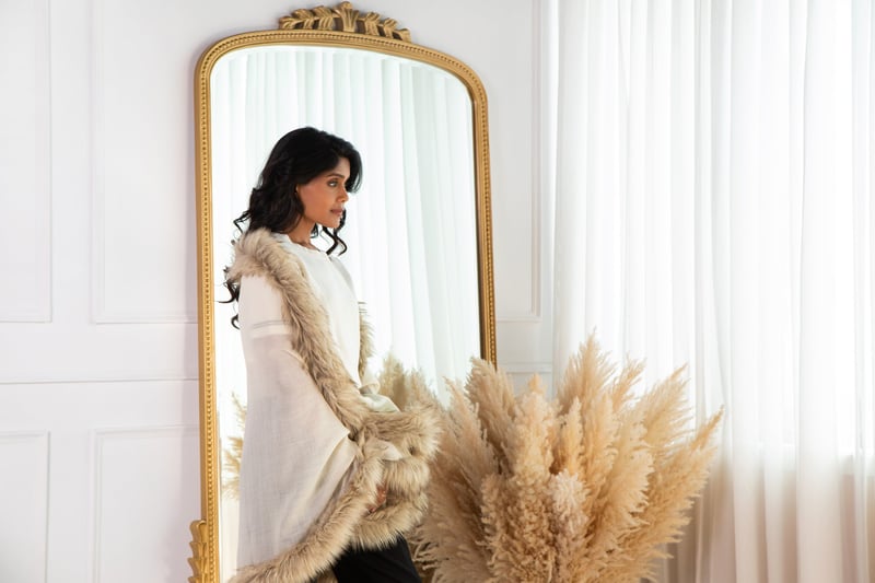 Off-White Wool Stole with Faux-Fur Border Trim
