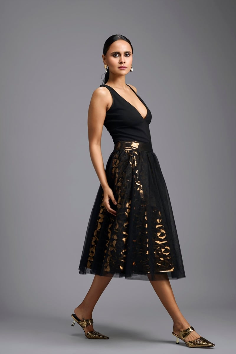 Black and Gold Metallic Cutwork Midi Skirt