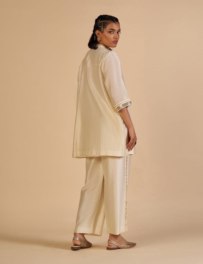 Off White Boxy Silk Chanderi Shirt with Gota Work