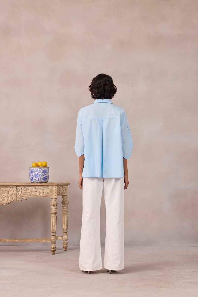 Frost Blue Applique Button-Down Shirt with Wave Hem