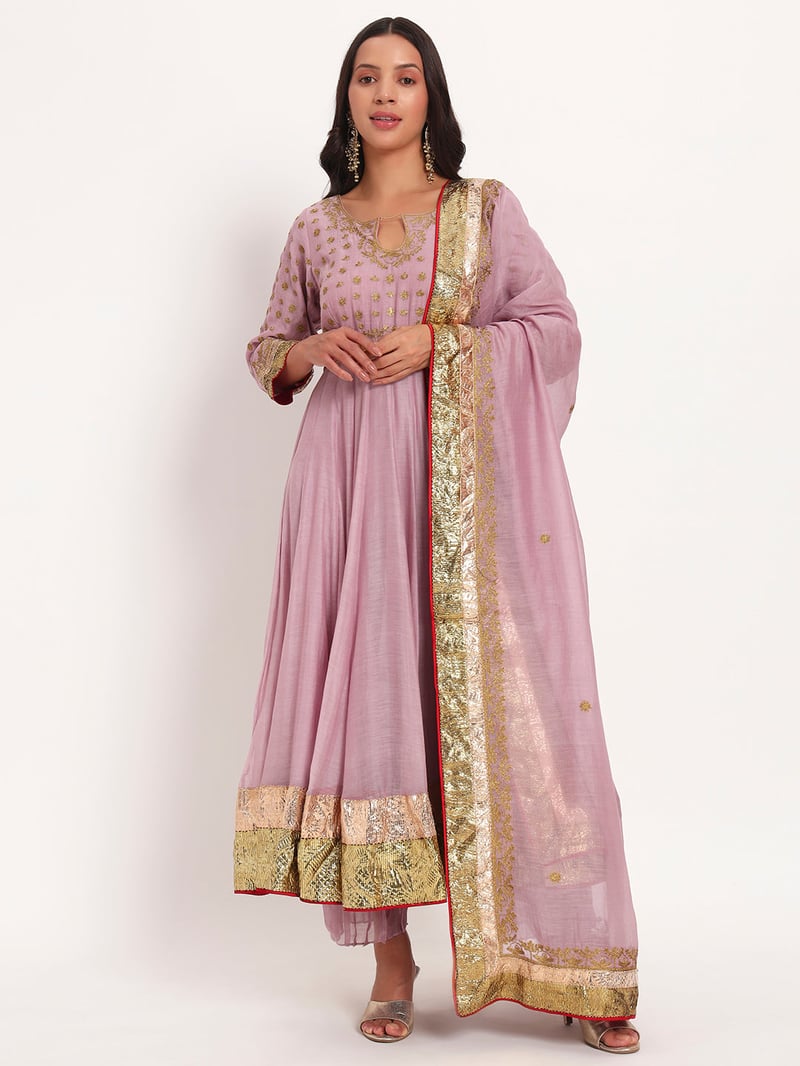 Lilac Mal Chanderi Anarkali Set with Pants and Dupatta