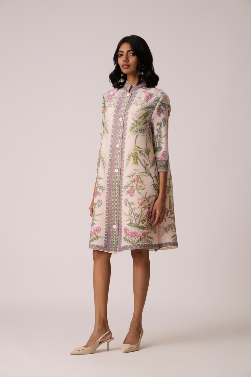 Blush Pink Floral Pleated Tunic Dress with Button Front