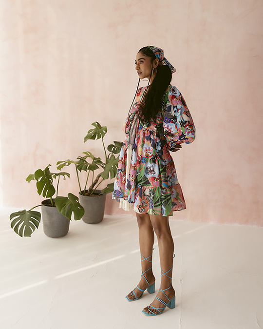 Blue Multicolor Printed Tiered Mini Dress with Front Tie