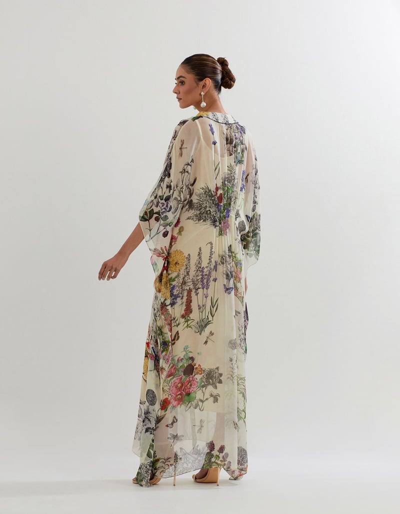 Ivory Botanical Printed Georgette Kaftan