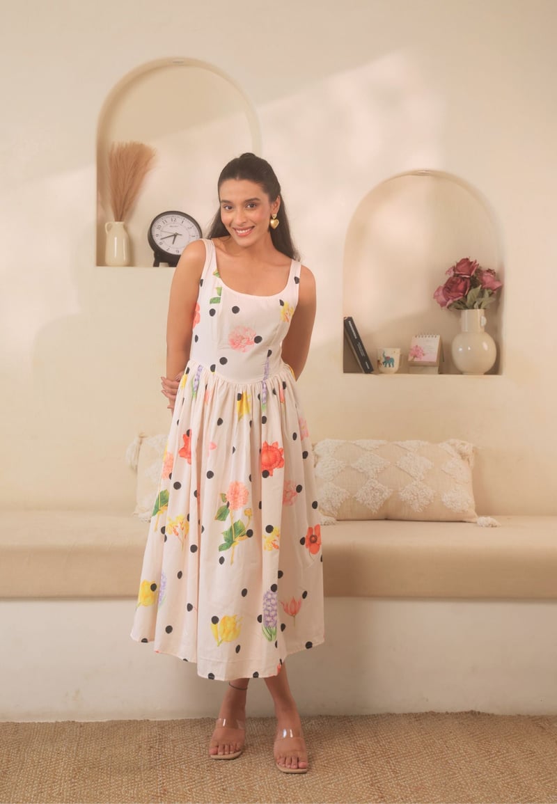 White Multicolor Printed Fit and Flare Midi Dress — BEYOND TARA