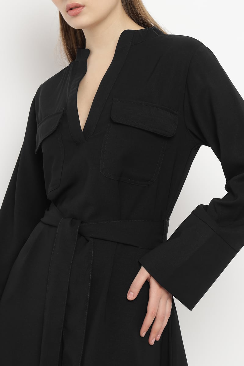 Black Belted Chemisier Mini Dress with Full Sleeves