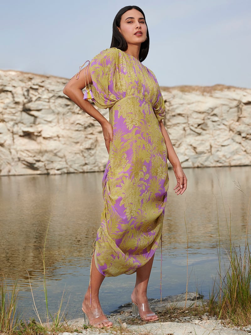 Purple and Yellow Printed Crepe Midi Dress