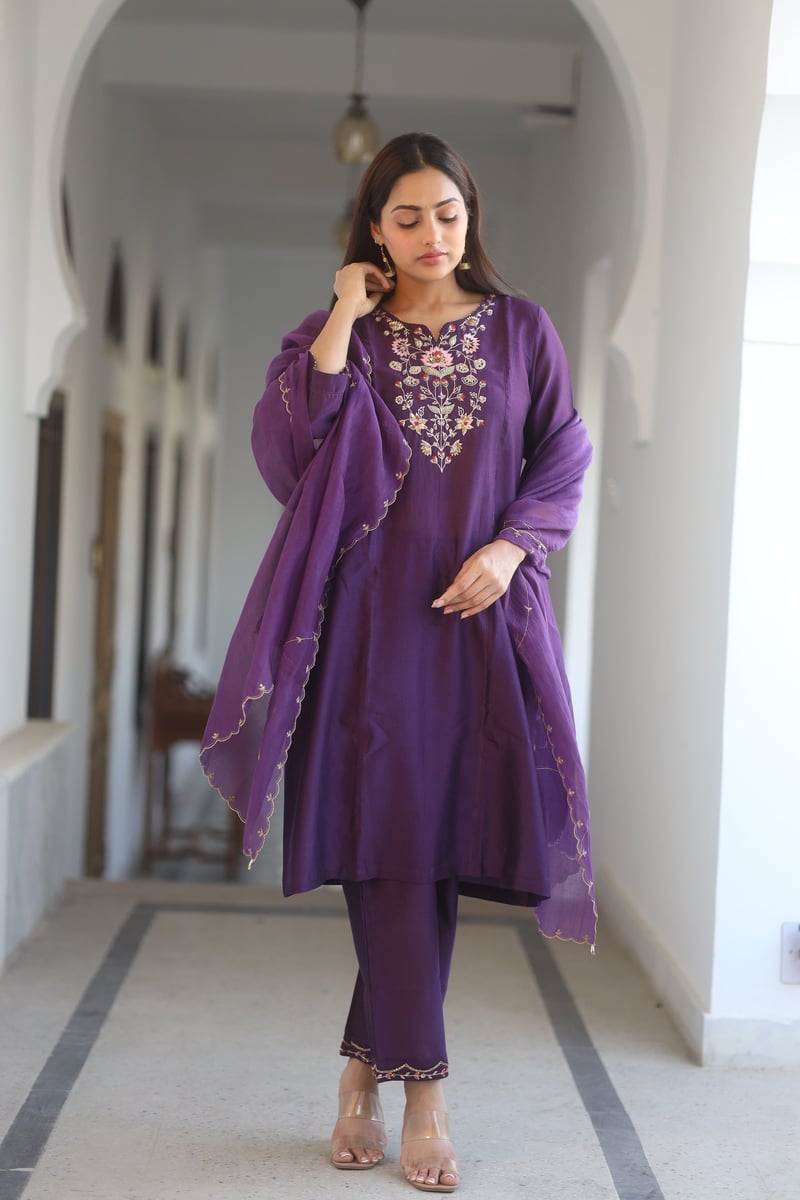 Purple Embroidered Chanderi Straight Kurta Set with Dupatta