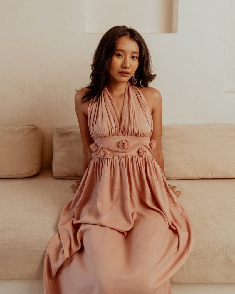 Dusty Pink Halter Neck Backless Rosette Maxi Dress