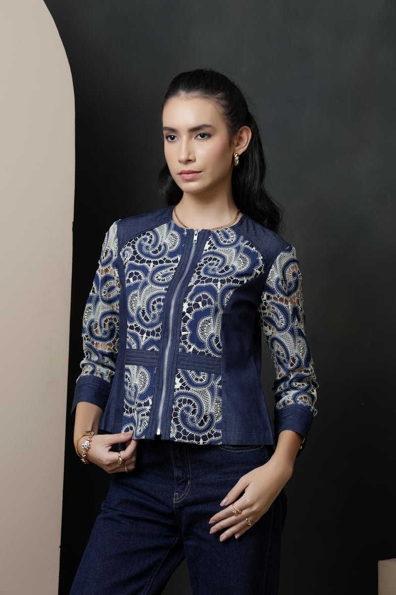 Dark Denim and Ecru Lace Structured Zip Jacket