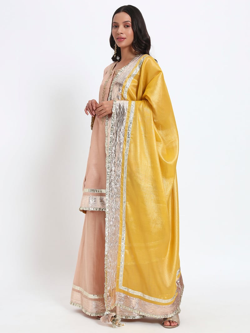 Peach Cotton Tissue Kurta Sharara Set With Gotta Patti