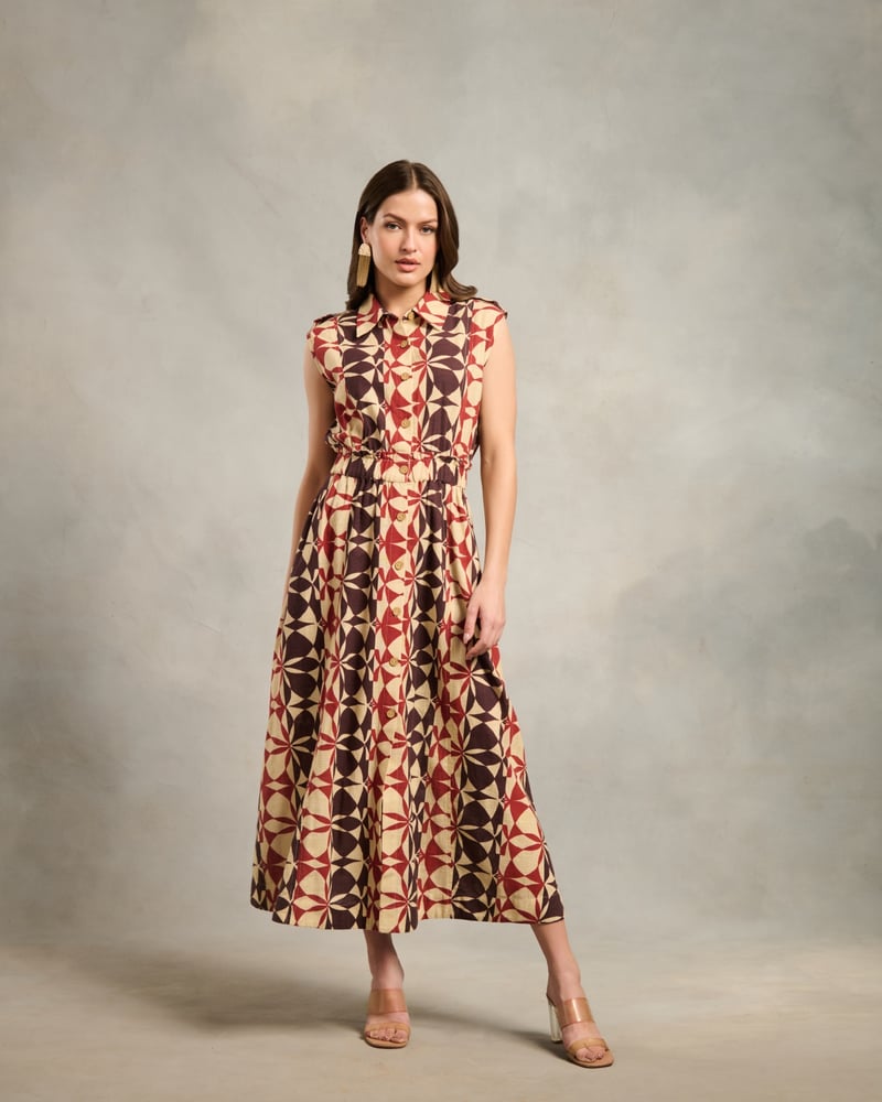 Beige Geometric Printed Sleeveless Shirt Midi Dress