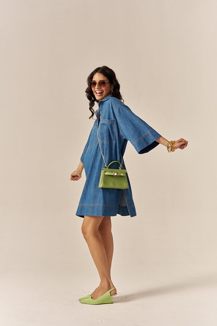 Blue Cotton Slub Denim Relaxed Mini Shirt Dress