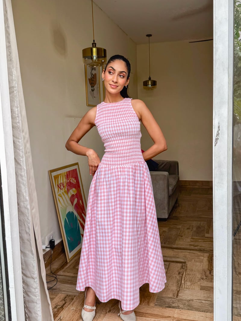 Pink Gingham Smocked Bodice Fit and Flare Maxi Dress