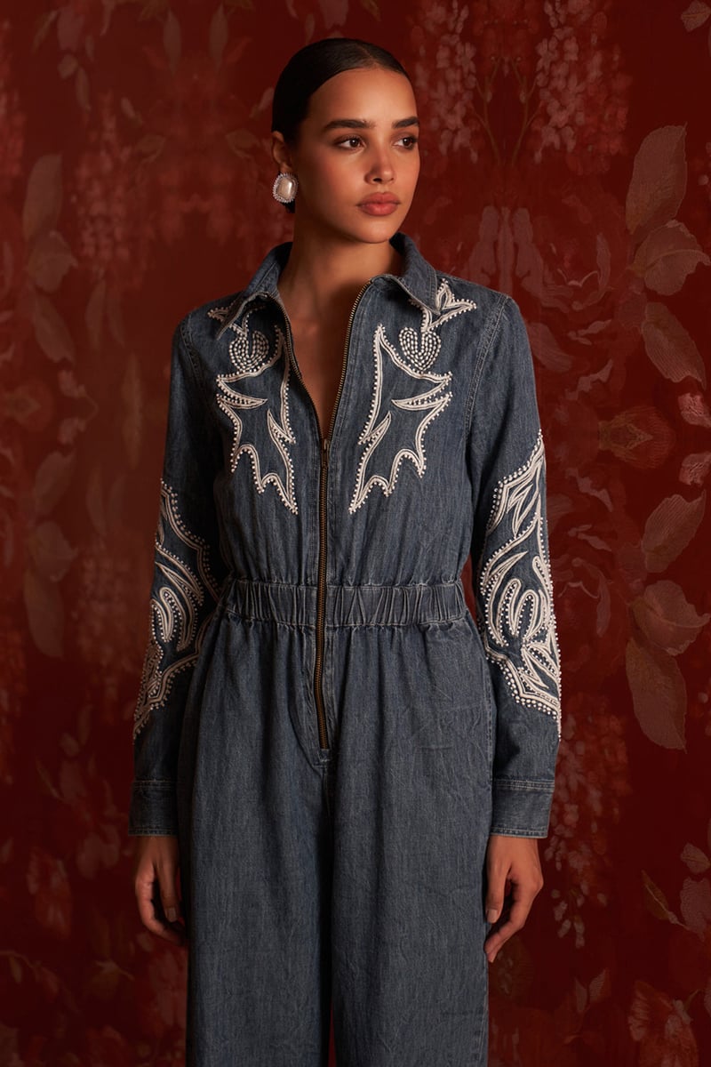 Blue Denim Zip-Front Embroidered Jumpsuit