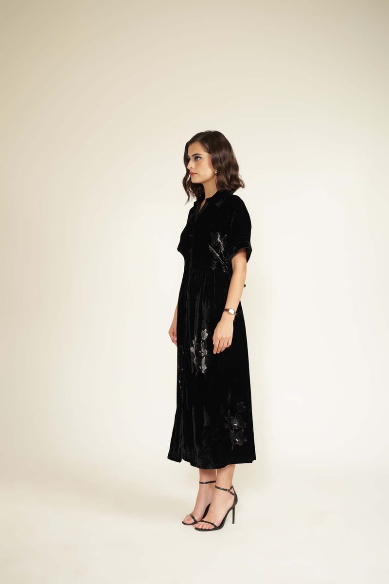 Black Silk Velvet Button-Front Midi Shirt Dress
