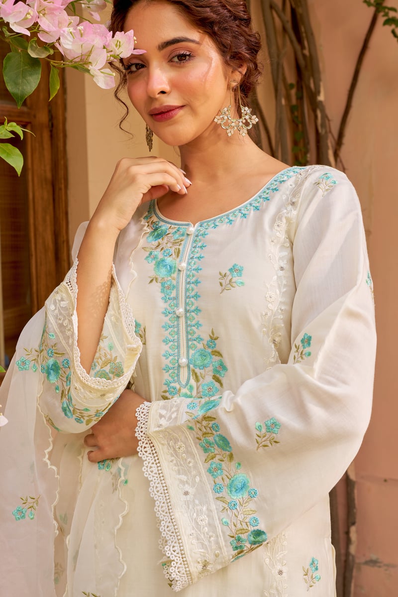 Ivory Chanderi Embroidered Straight Suit Set with Dupatta