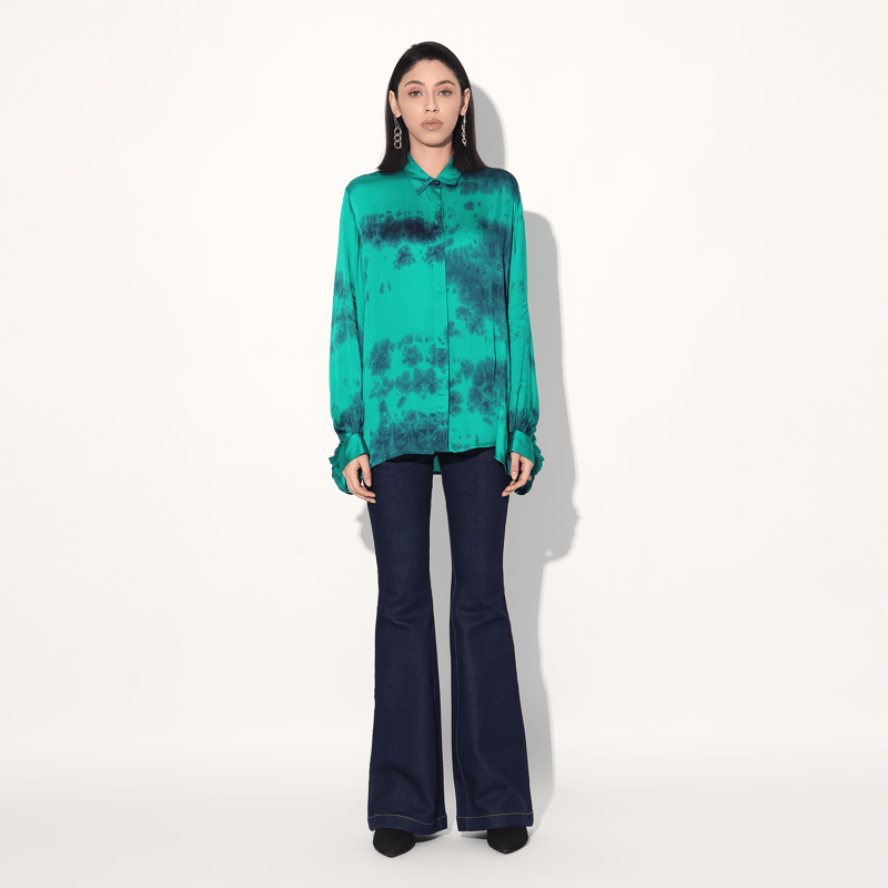 Green Tie-Dye Satin Balloon Sleeve Longline Shirt