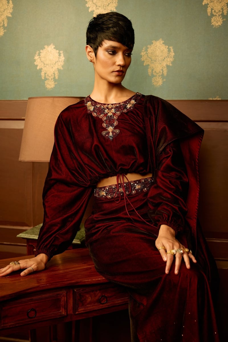 Maroon Micro Velvet Drape Maxi Skirt with Side Slit