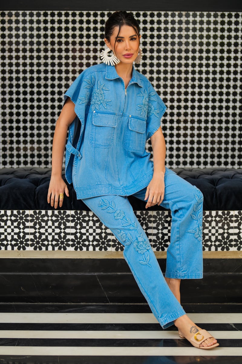 Blue Denim Embroidered Co-ord Set with Zip-Front Top