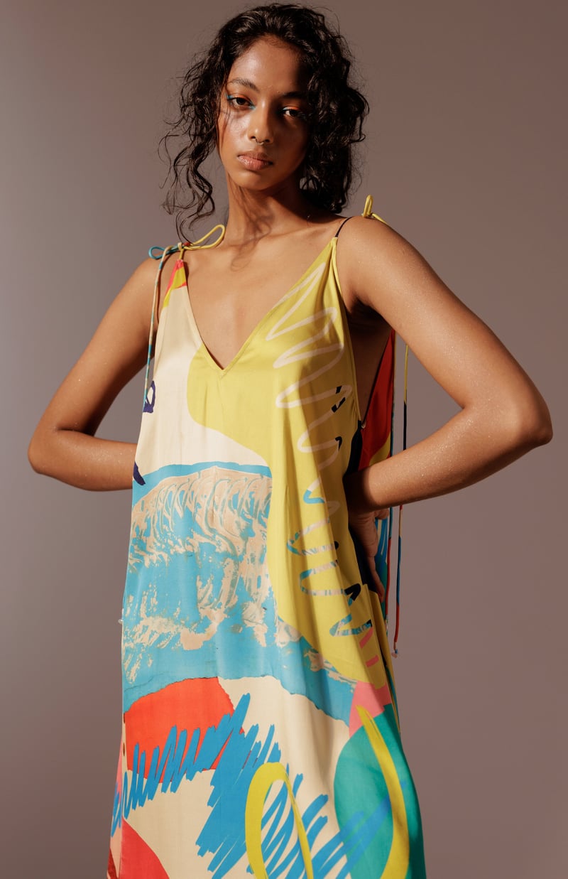 Multicolor Abstract Print Tie-Up Strap Satin Maxi Dress