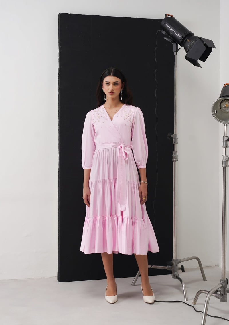Baby Pink Embellished Tiered Wrap Midi Dress
