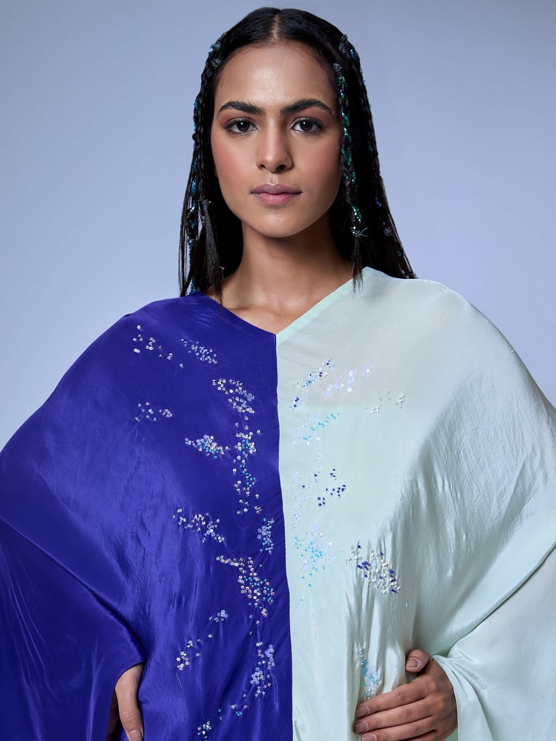 Blue Colorblock Draped Cape Top with Sequin Embroidery