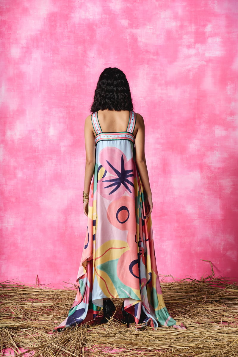 Multicolor Printed Halter Handkerchief Maxi Dress
