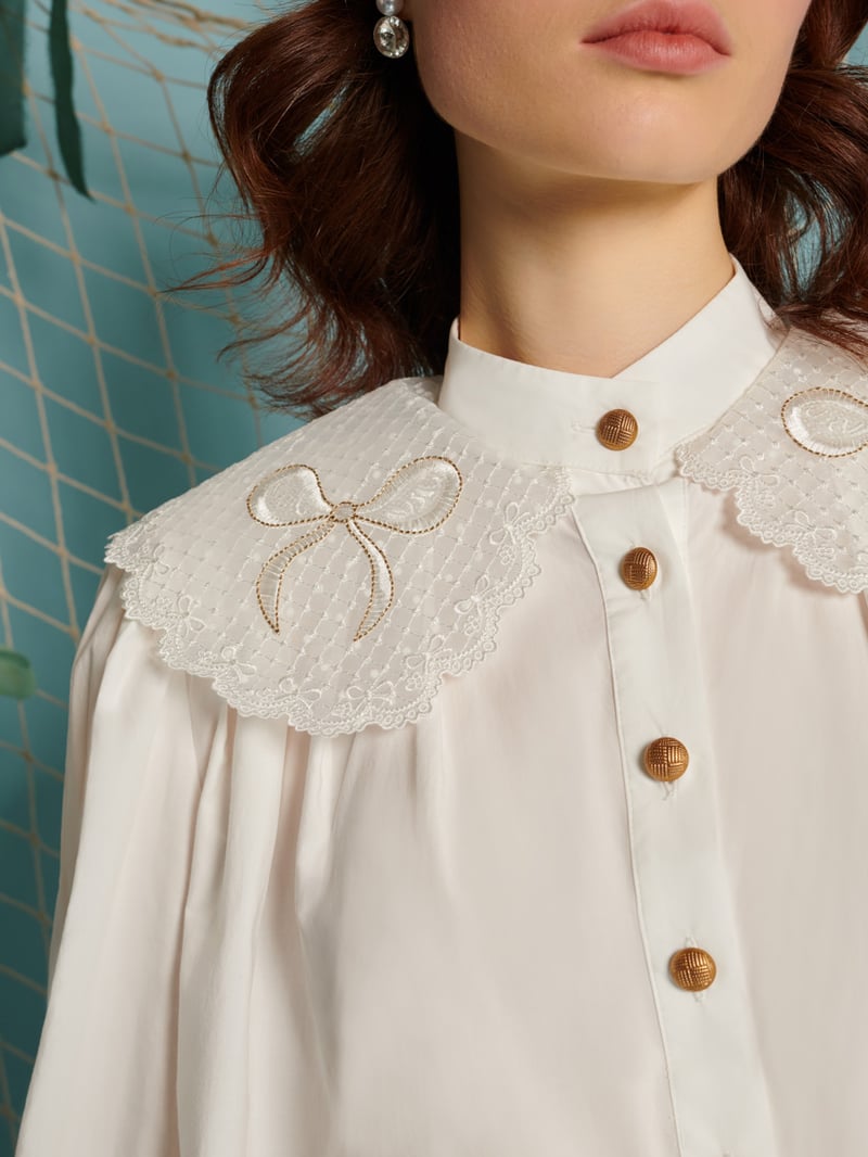 White Lace Collar Button-Down Shirt