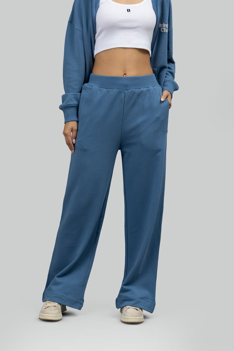 Cloudy Blue Cotton Terry Wide-Leg Trackpants