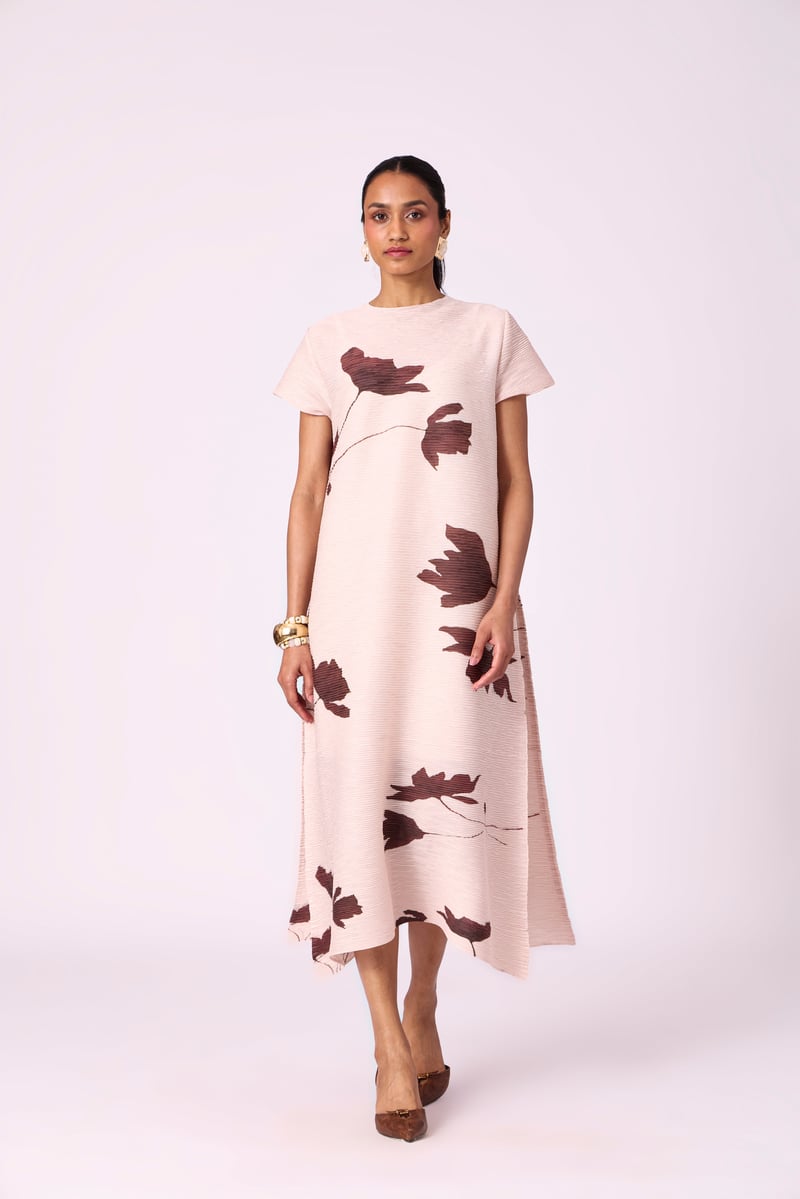 Nude Beige Pleated Floral Midi Dress