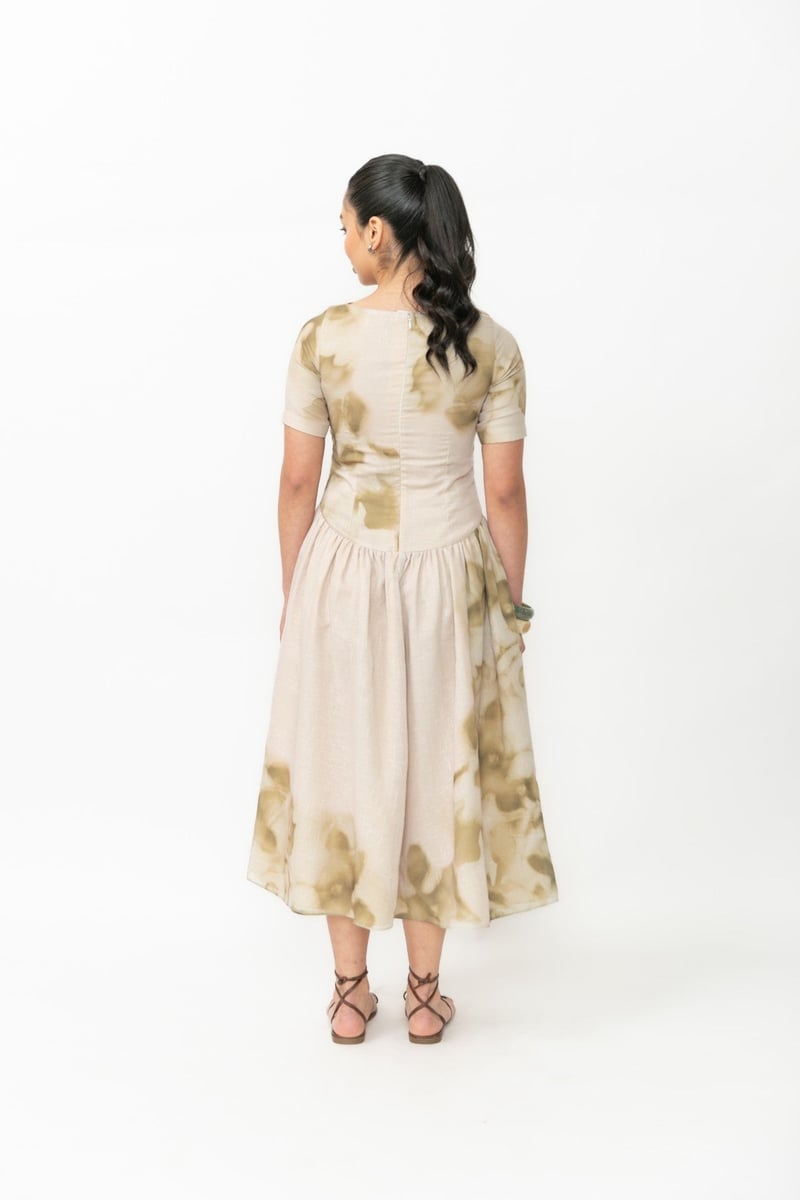 Beige Printed Linen Fit and Flare Midi Dress