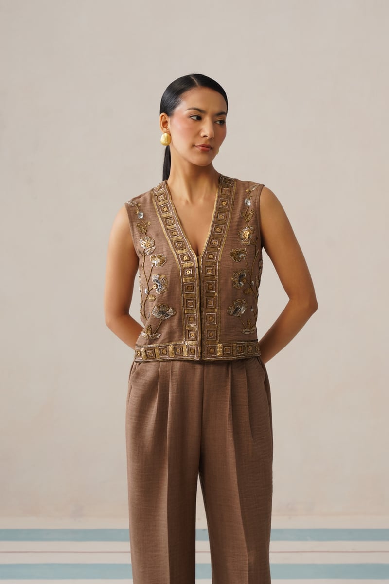 Siena Brown Embroidered Vest and Wide-Leg Co-ord Set